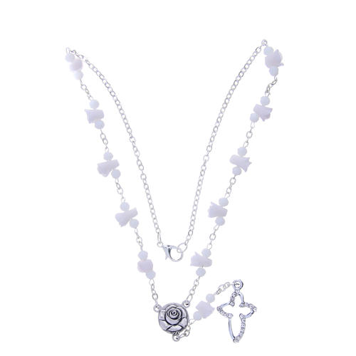 Medjugorje Rosary necklace, white with ceramic roses and grains in crystal 3