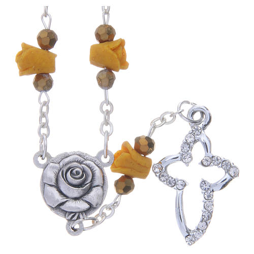 Medjugorje Rosary necklace, amber with ceramic roses and grains in crystal 1