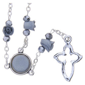 Medjugorje Rosary necklace, grey with ceramic roses and grains in crystal