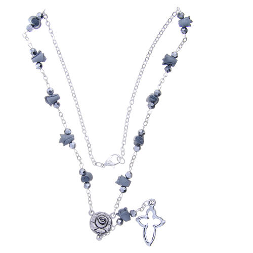 Medjugorje Rosary necklace, grey with ceramic roses and grains in crystal 3