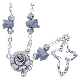 Medjugorje Rosary necklace, grey with ceramic roses and grains in crystal