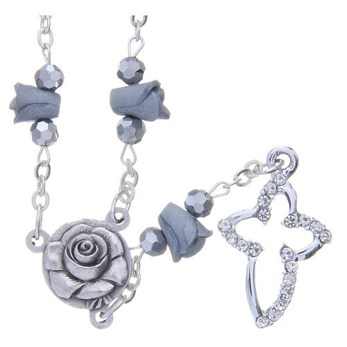 Medjugorje Rosary necklace, grey with ceramic roses and grains in crystal 1