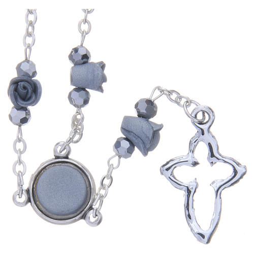 Medjugorje Rosary necklace, grey with ceramic roses and grains in crystal 2