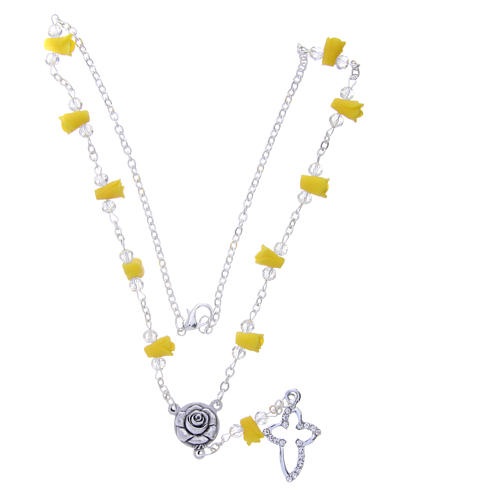 Medjugorje Rosary necklace, yellow with ceramic roses, crosses and grains in crystal 3