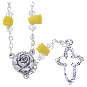 Medjugorje Rosary necklace, yellow with ceramic roses, crosses and grains in crystal