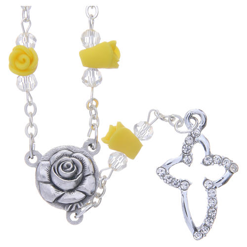 Medjugorje Rosary necklace, yellow with ceramic roses, crosses and grains in crystal 1