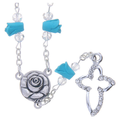Medjugorje Rosary necklace, turquoise with ceramic roses and grains in crystal 1