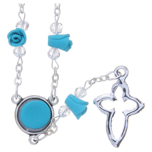 Medjugorje Rosary necklace, turquoise with ceramic roses and grains in crystal 2