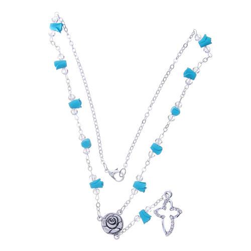 Medjugorje Rosary necklace, turquoise with ceramic roses and grains in crystal 3