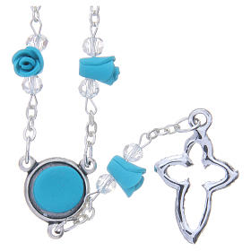 Medjugorje Rosary necklace, turquoise with ceramic roses and grains in crystal