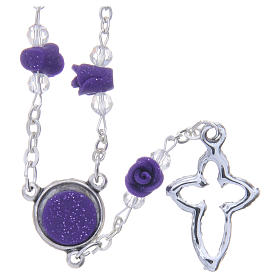 Medjugorje Rosary necklace, purple with ceramic roses and grains in crystal