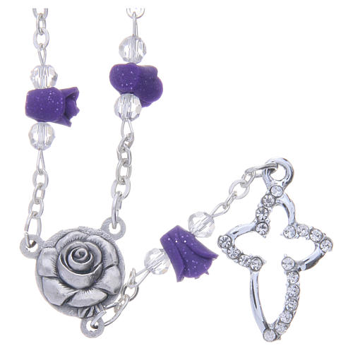 Medjugorje Rosary necklace, purple with ceramic roses and grains in crystal 1