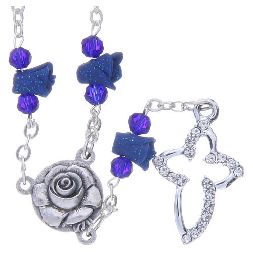 Medjugorje Rosary necklace, blue with ceramic roses, crosses and grains in crystal 1
