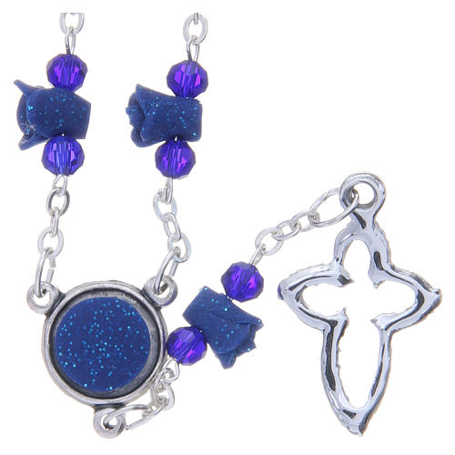 Collar rosario Medjugorje azul rosas cruz cristales 2