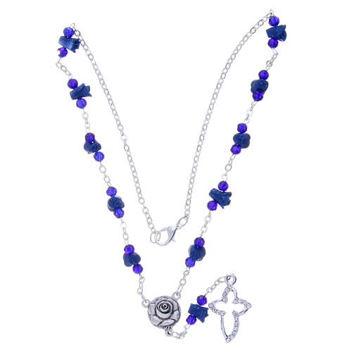 Collar rosario Medjugorje azul rosas cruz cristales 3