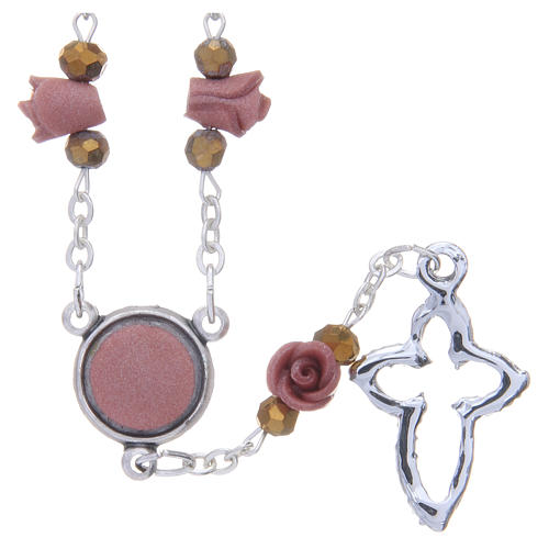 Medjugorje Rosary necklace, chestnut colour with ceramic roses and grains in crystal 2