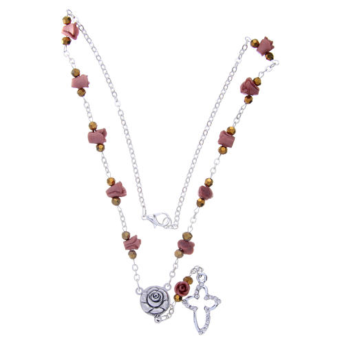 Medjugorje Rosary necklace, chestnut colour with ceramic roses and grains in crystal 3