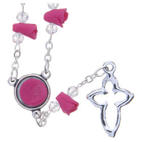 Medjugorje Rosary necklace, fuchsia with ceramic roses and grains in crystal