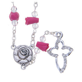 Medjugorje Rosary necklace, fuchsia with ceramic roses and grains in crystal