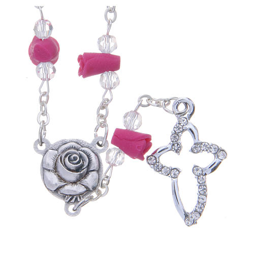 Medjugorje Rosary necklace, fuchsia with ceramic roses and grains in crystal 1