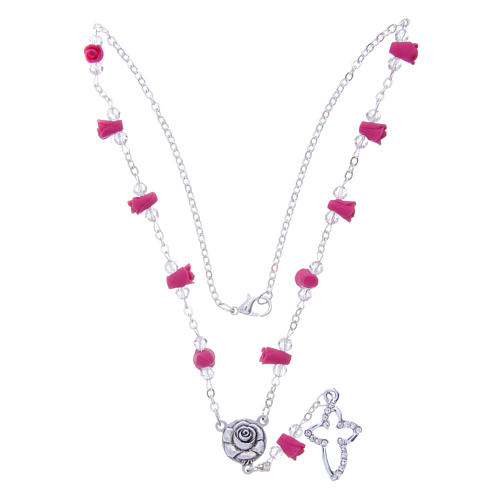 Medjugorje Rosary necklace, fuchsia with ceramic roses and grains in crystal 3