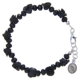 Medjugorje rosary bracelet, black colour with crystal beads and ceramic roses