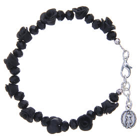 Medjugorje rosary bracelet, black colour with crystal beads and ceramic roses