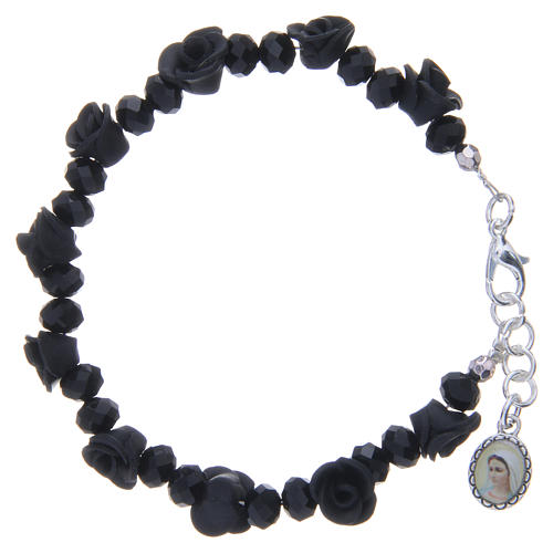 Medjugorje rosary bracelet, black colour with crystal beads and ceramic roses 1