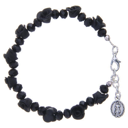 Medjugorje rosary bracelet, black colour with crystal beads and ceramic roses 2