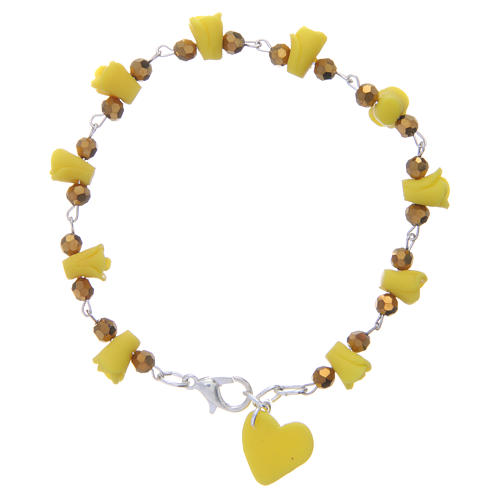 Medjugorje bracelet, yellow with crystal beads and ceramic hearts 2