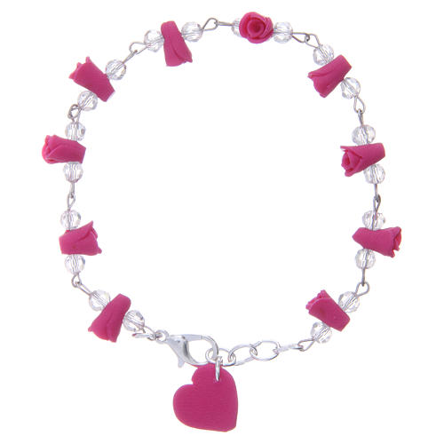 Medjugorje bracelet, fuchsia with crystal beads and ceramic hearts 1