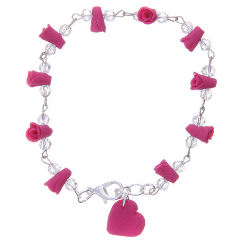 Medjugorje bracelet, fuchsia with crystal beads and ceramic hearts 2