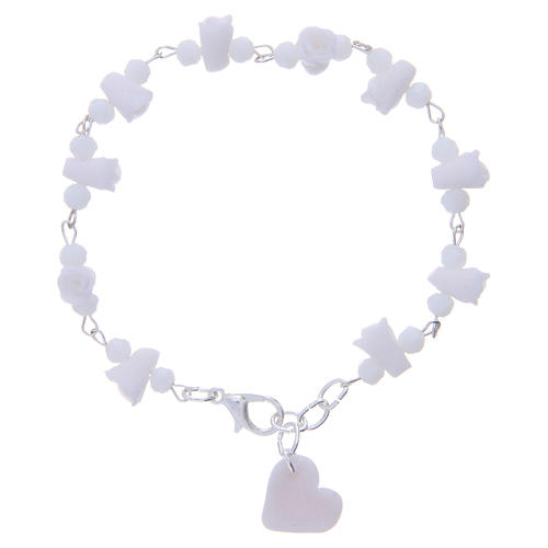 Medjugorje Rosary bracelet, white with crystal beads and ceramic hearts 1