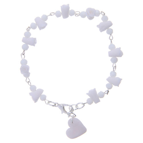Medjugorje Rosary bracelet, white with crystal beads and ceramic hearts 2