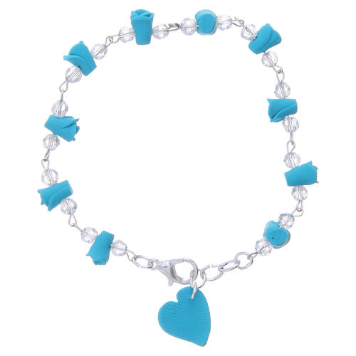 Medjugorje Rosary bracelet, turquoise with crystal beads and ceramic hearts 1