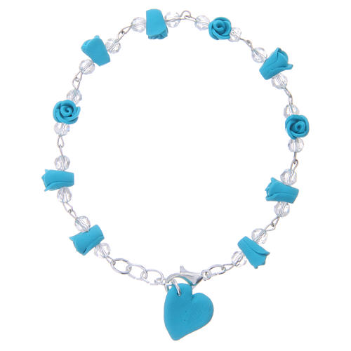 Medjugorje Rosary bracelet, turquoise with crystal beads and ceramic hearts 2