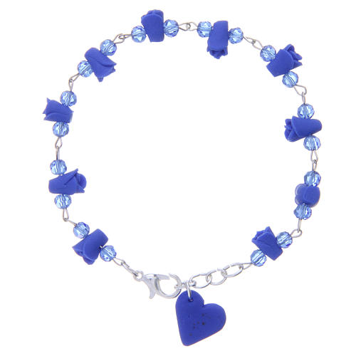 Medjugorje Rosary bracelet, blue with crystal beads and ceramic hearts 1
