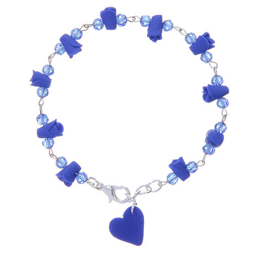 Medjugorje Rosary bracelet, blue with crystal beads and ceramic hearts 2