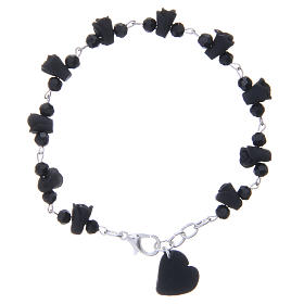 Medjugorje Rosary bracelet, black with crystal beads and ceramic hearts