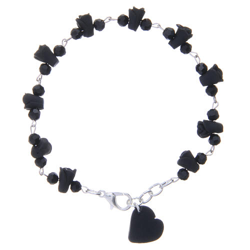 Medjugorje Rosary bracelet, black with crystal beads and ceramic hearts 1