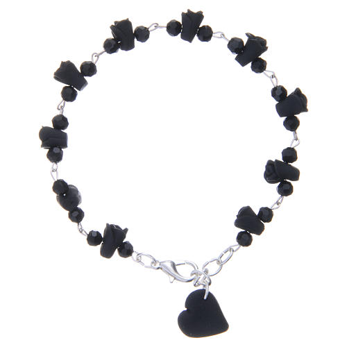 Medjugorje Rosary bracelet, black with crystal beads and ceramic hearts 2
