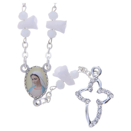 Medjugorje Rosary necklace with white ceramic roses and icon of Our Lady 1