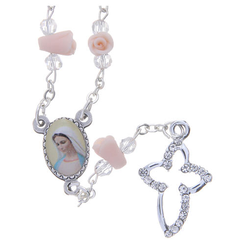 Medjugorje Rosary necklace with ceramic roses and icon of Our Lady 1