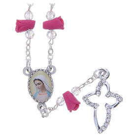 Medjugorje Rosary necklace with fuchsia ceramic roses and icon of Our Lady