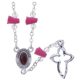 Medjugorje Rosary necklace with fuchsia ceramic roses and icon of Our Lady