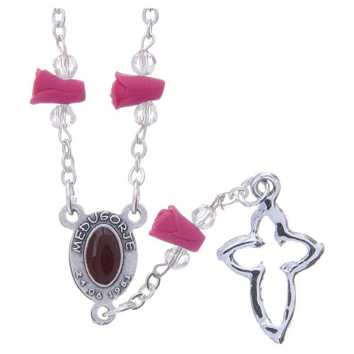 Medjugorje Rosary necklace with fuchsia ceramic roses and icon of Our Lady 2