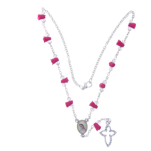 Medjugorje Rosary necklace with fuchsia ceramic roses and icon of Our Lady 4
