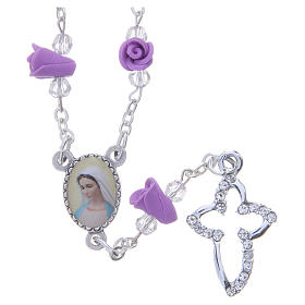 Medjugorje Rosary necklace with wisteria colour ceramic roses and icon of Our Lady