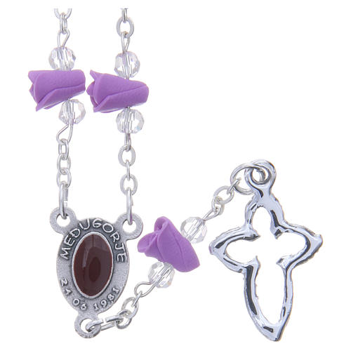 Medjugorje Rosary necklace with wisteria colour ceramic roses and icon of Our Lady 2