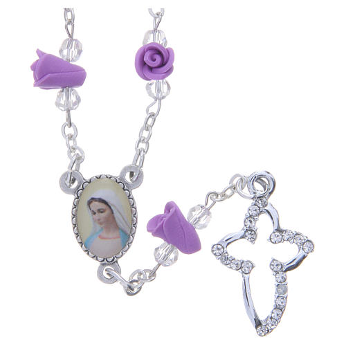 Medjugorje Rosary necklace with wisteria colour ceramic roses and icon of Our Lady 1
